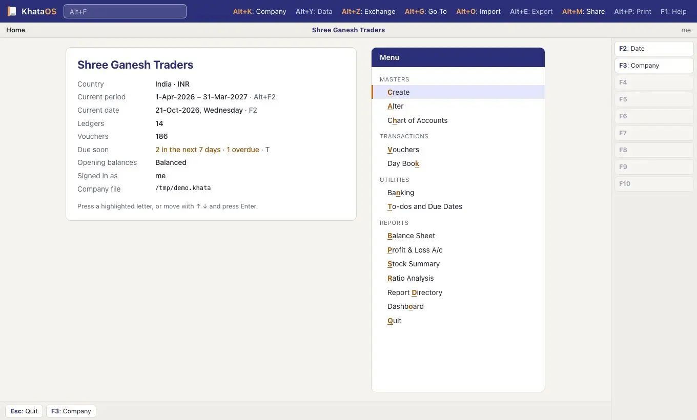 KhataOS home screen in the Ledger theme, with the company summary and the keyboard menu