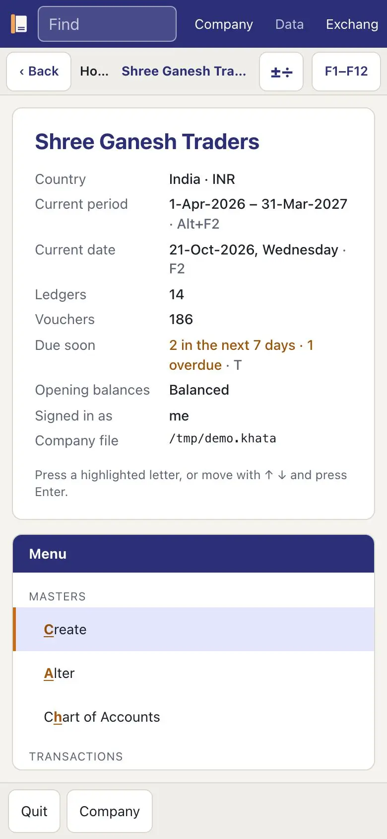 KhataOS on a phone: the company summary with the keyboard menu below it, and Back, calculator and function key buttons along the top